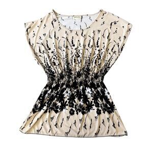 ACE Fashion Tan/Black Floral Print Blouse Womens Size L
